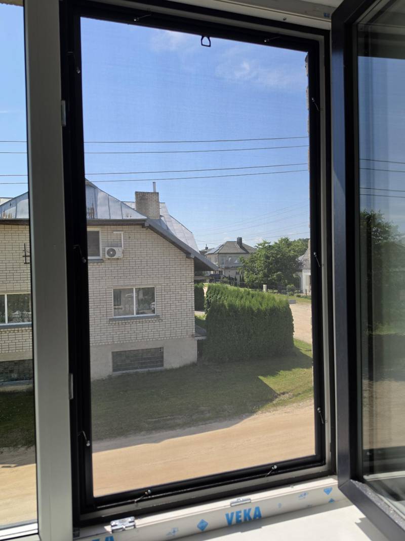 Tinklelis nuo uodų ant lango, juodu rėmu